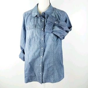 Lane Bryant 18 Blue White Chambray Dot Shirt Snap